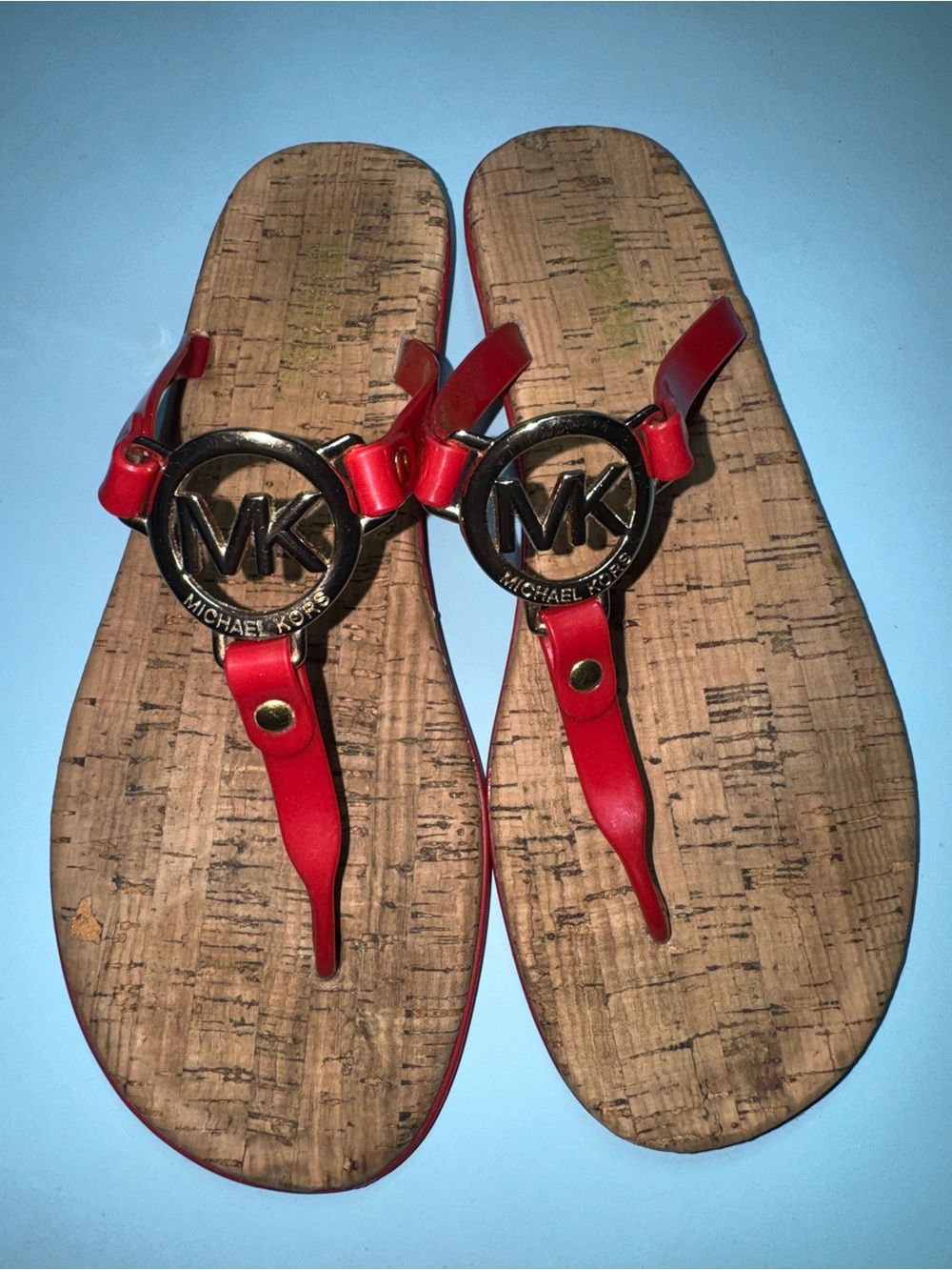 Michael Kors Red Leather MK Logo Cork-Style Thong Sandals